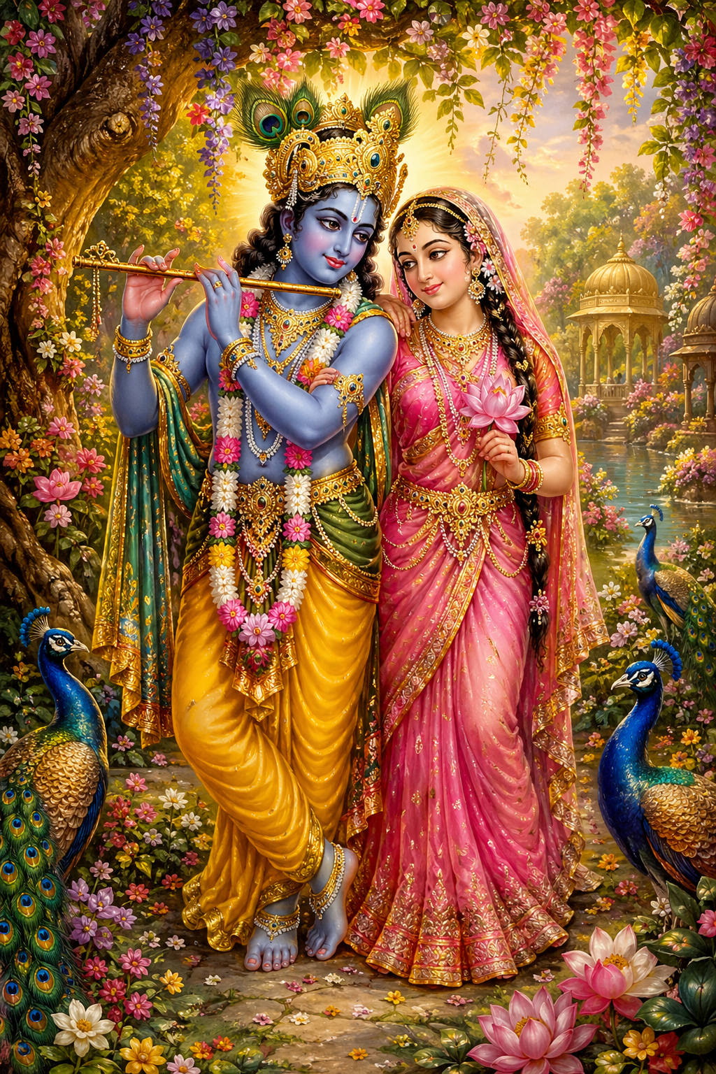 Radha and Krishna together in Vrindavan garden with golden divine light and flowering trees — HD devotional wallpaper